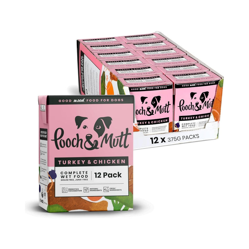 Pooch & Mutt - Turkey & Chicken Pack of Complete Wet Dog Food, Dry Dog Food Topper, 12x375g