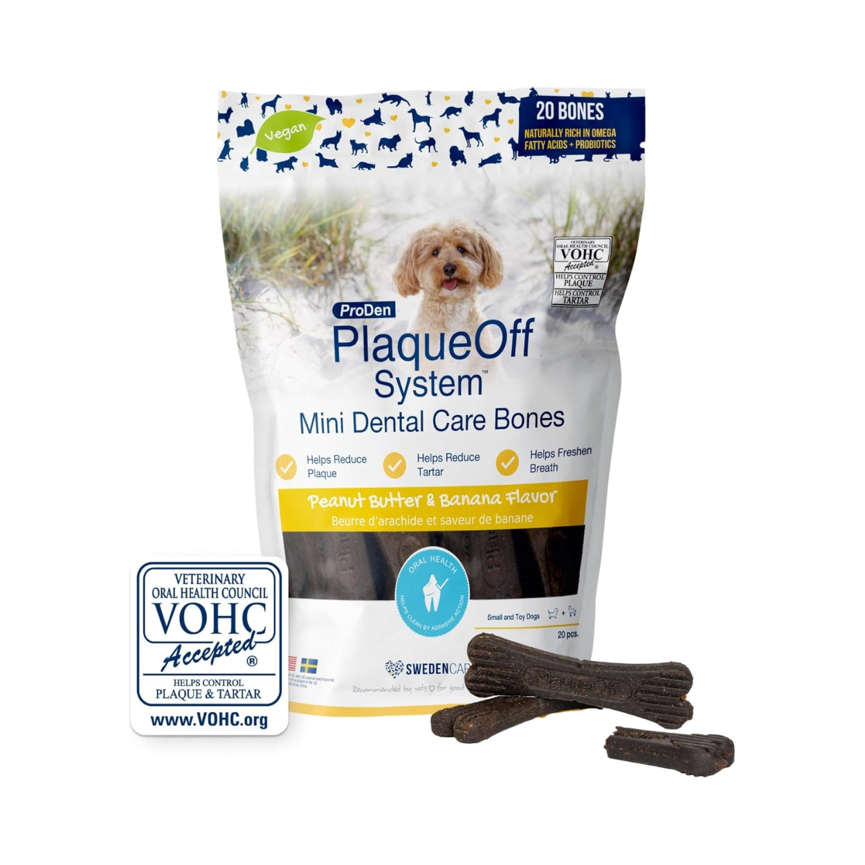 ProDen PlaqueOff 20 Mini Dental Bones for Small and Toy Dogs Tartar, Plaque & Bad Breath Remover, Improves Overall Oral Health(Peanut Butter & Banana)