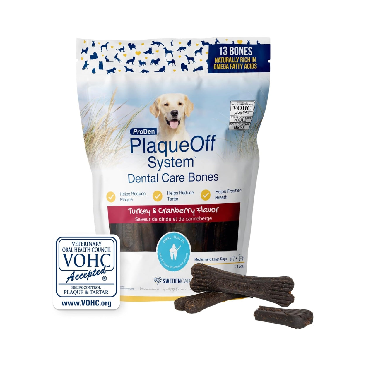 ProDen PlaqueOff 13 Dental Bones for Medium & Large Dogs Tartar, Plaque & Bad Breath Remover, Improves Overall Oral Health Flavour(Turkey & Cranberry) - Pack Of 2