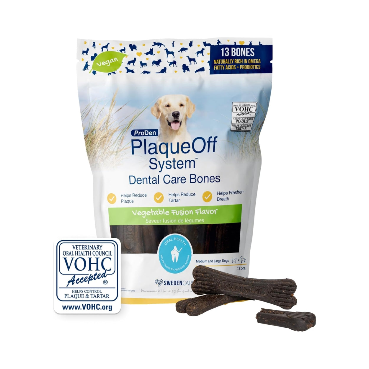 ProDen PlaqueOff 13 Dental Bones for Medium & Large Dogs, Tartar, Plaque & Bad Breath Remover, Improves Overall Oral Health Flavour (Vegetable Fusion) - Pack Of 2