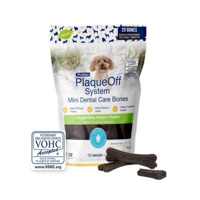 ProDen PlaqueOff 20 Mini Dental Bones for Small & Toy Dogs Tartar, Plaque, & Bad Breath Remover, Improves Overall Oral Health (Vegetable Fusion)