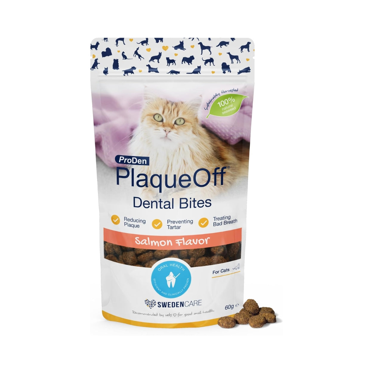 ProDen PlaqueOff Dental Bites for Cats Tartar & Bad Breath Remover 100% Natural Teeth Cleaner - Salmon (pack of 2)